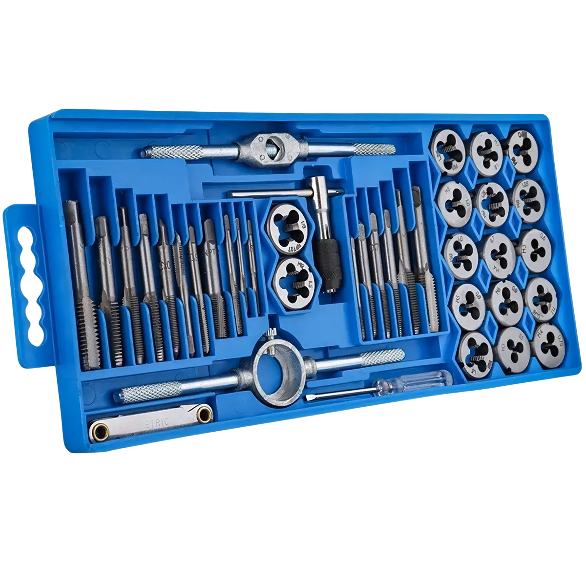 Blue plastic case containing a 40-piece metal tap and die set with wrenches and gauges for thread cutting tools