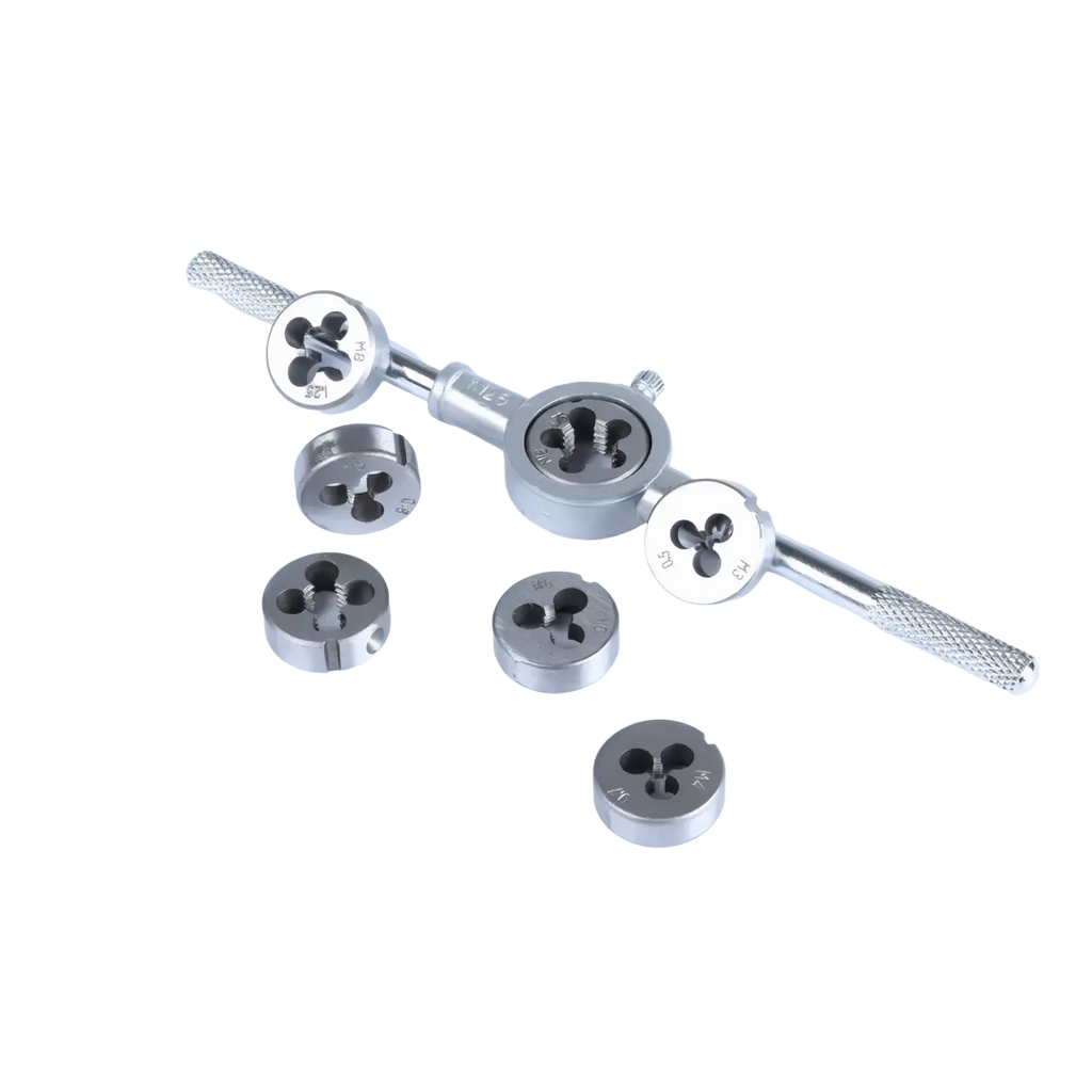 Tap and die set thread cutting tool kit with metallic textured handles and multiple die sizes for precision threading
