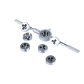 Tap and die set thread cutting tool kit with metallic textured handles and multiple die sizes for precision threading