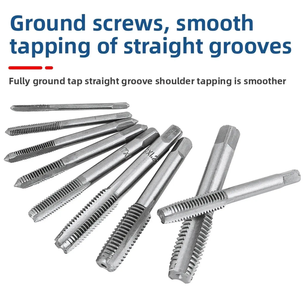 Set of metallic threaded tap tools with straight grooves and hexagonal handles in a tap and die set thread cutting kit