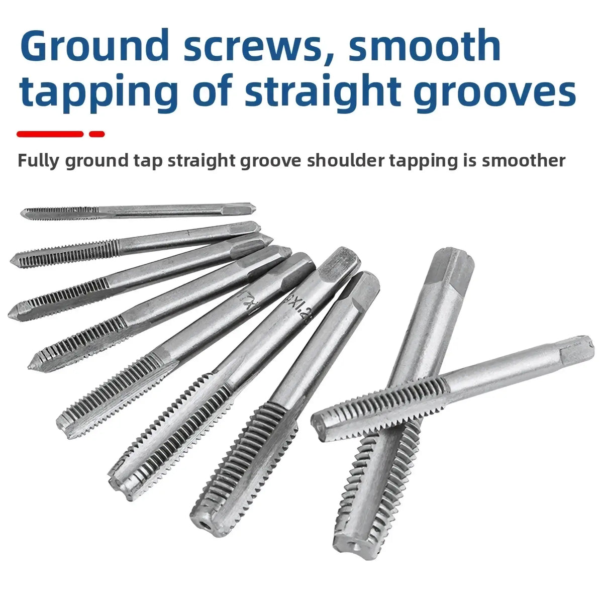 Set of metallic threaded tap tools with straight grooves and hexagonal handles in a tap and die set thread cutting kit