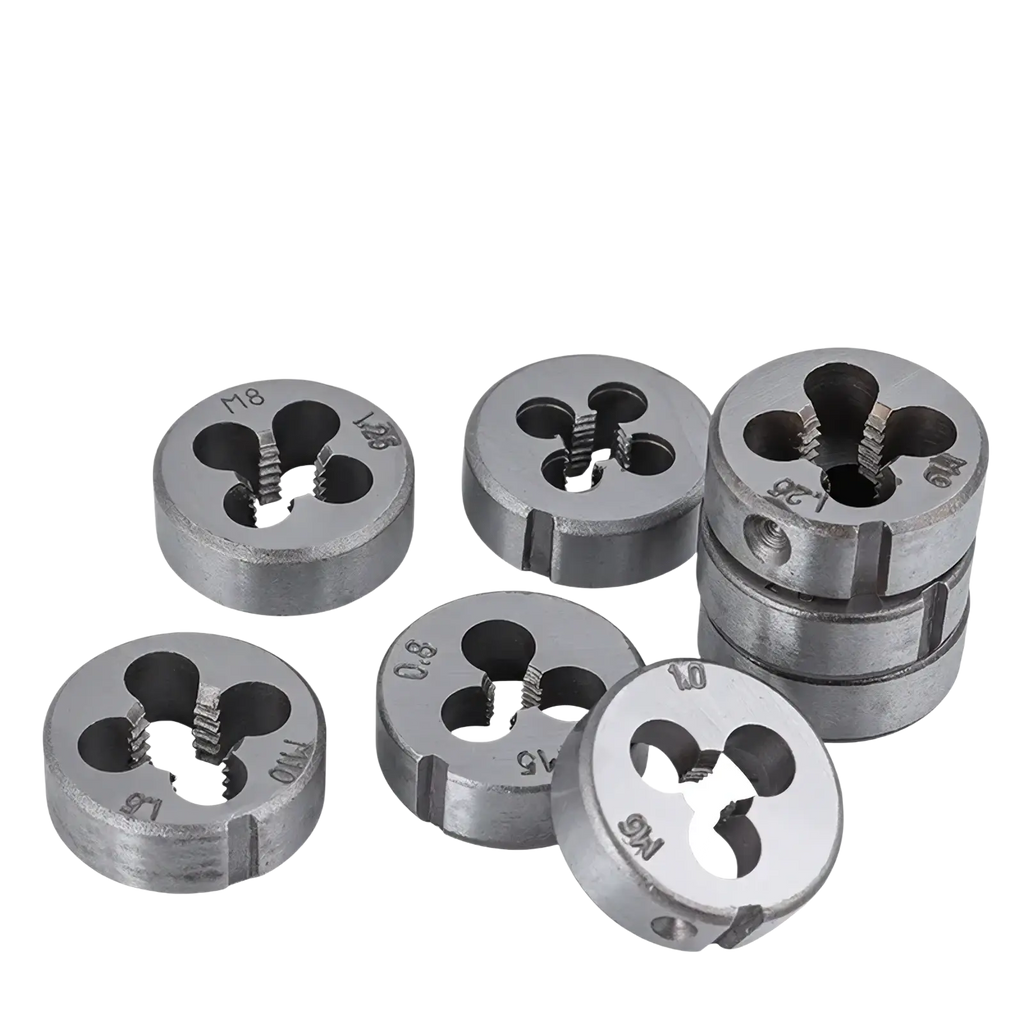 Set of silver-colored bearing steel threaded inserts with four-leaf clover cutouts for tap and die thread cutting kit