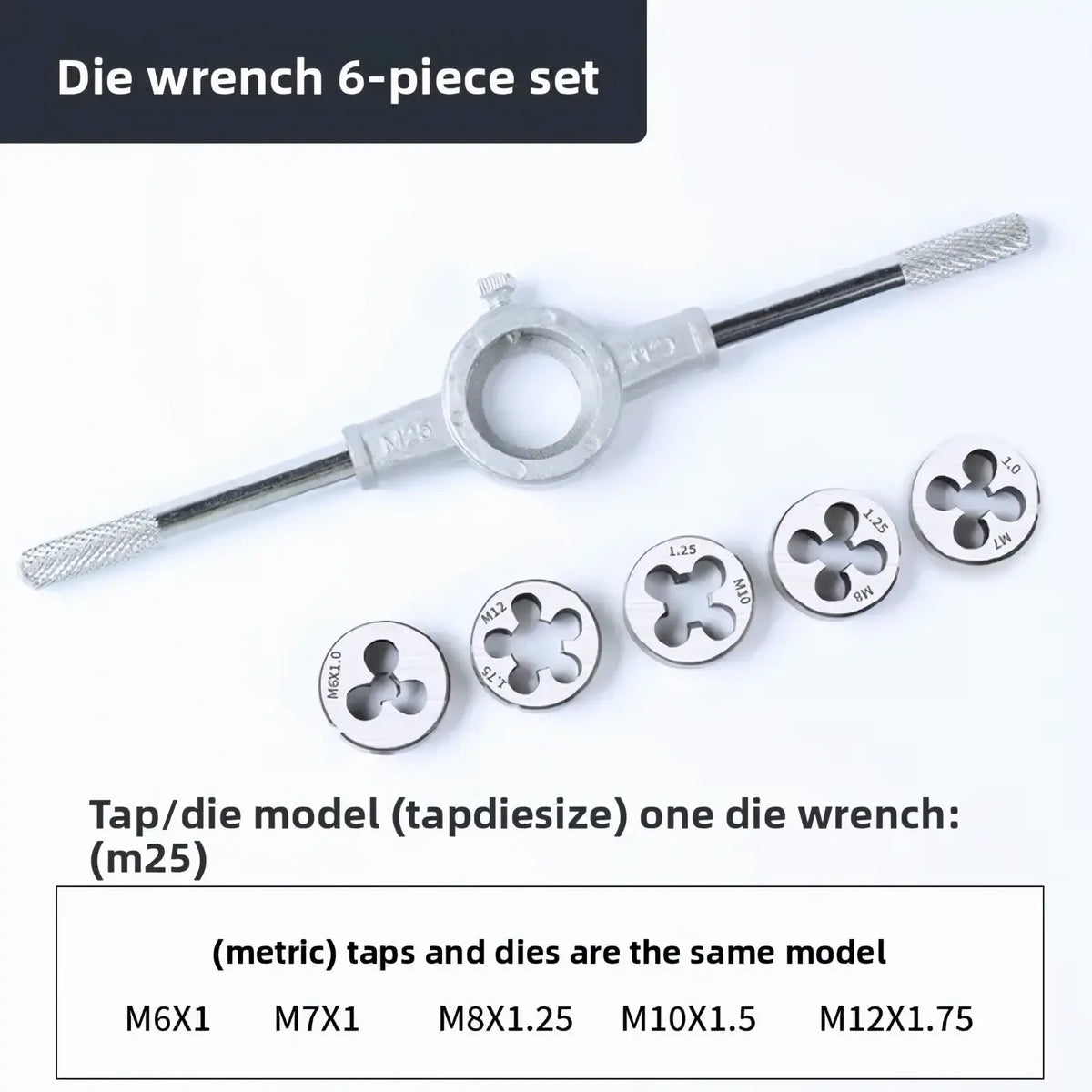Silver metal tap and die set with textured wrench handles and five metric thread size inserts for thread cutting