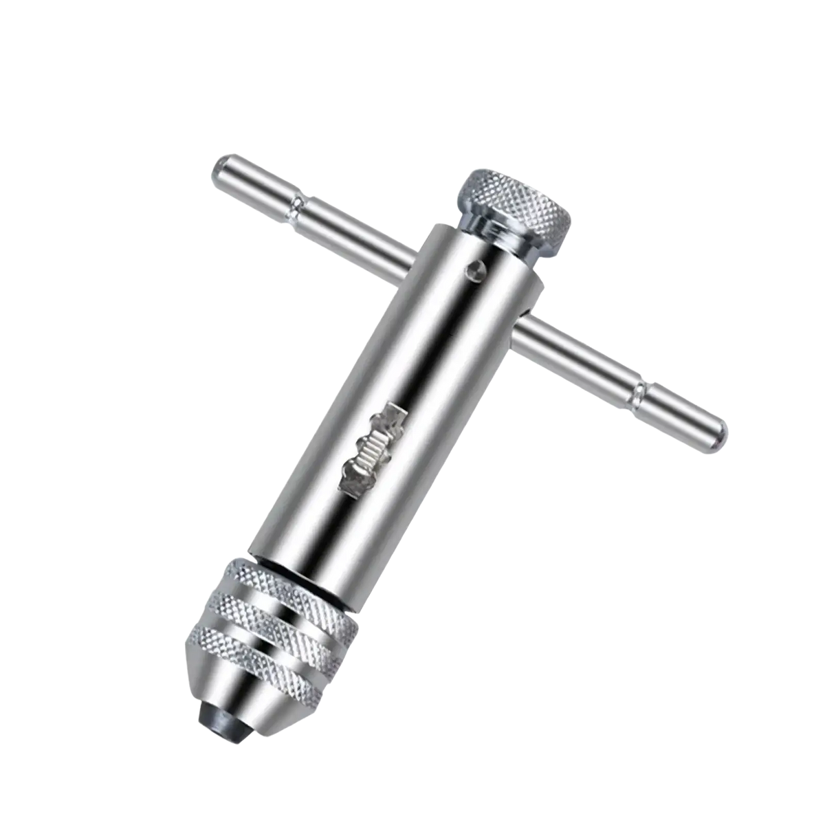 Silver metallic ratchet tap wrench with t-shaped handle and knurled grips for m5-12 threading in tap and die set