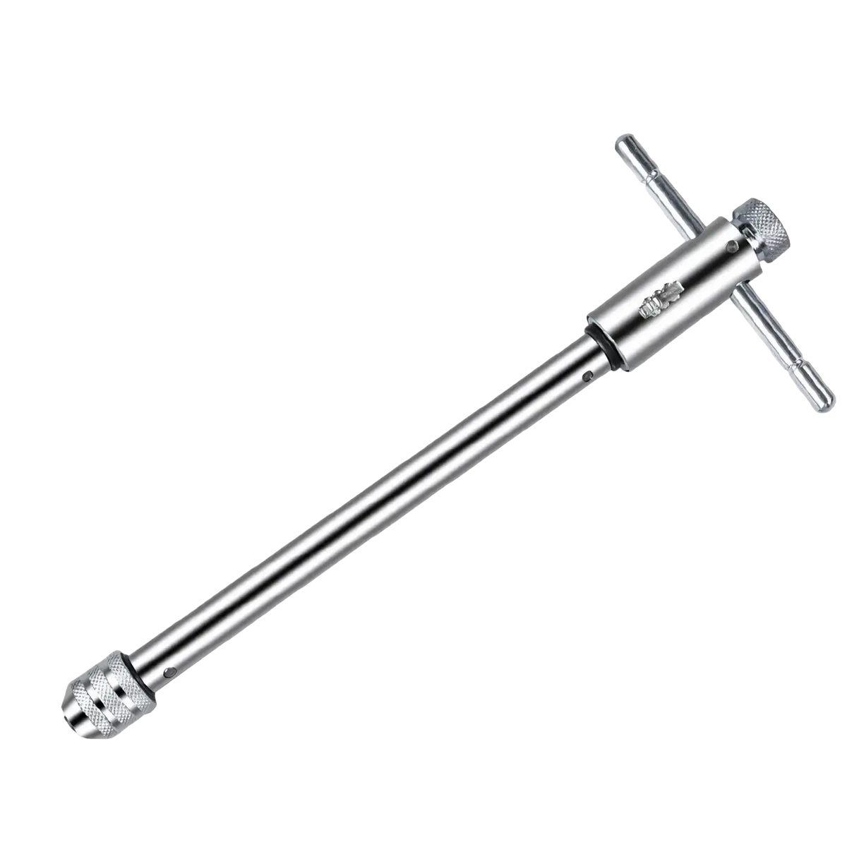 Silver metallic ratchet tap wrench with extended length and textured grip ends in tap and die set thread cutting tool kit