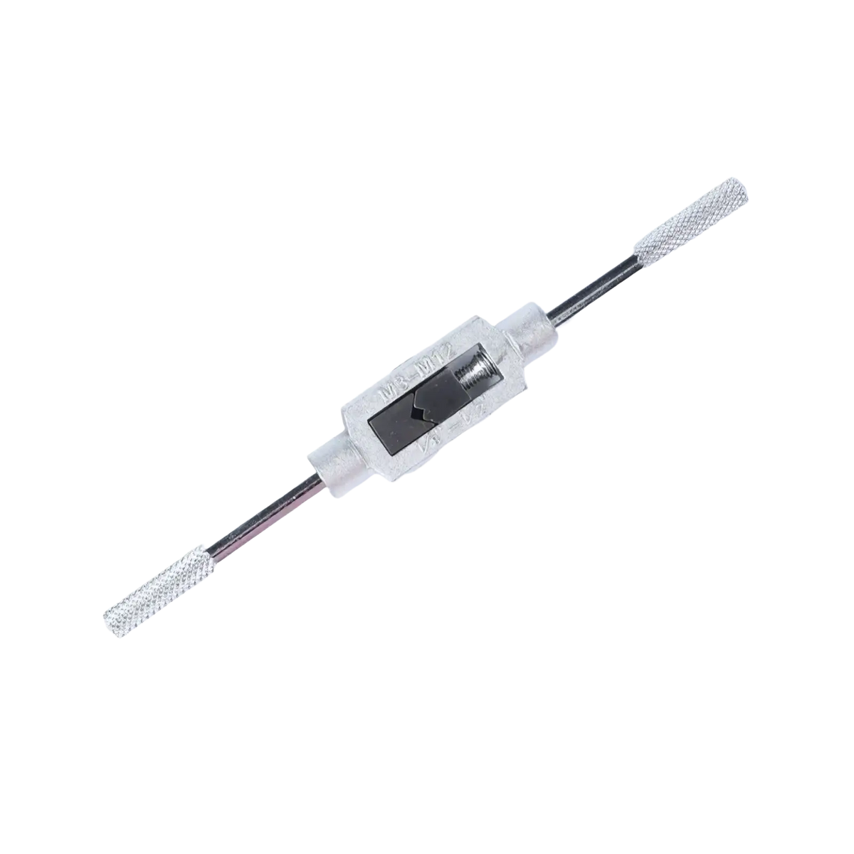 Silver tap wrench with textured handles and clear plastic body for m3-m12 taps in tap and die set thread cutting kit