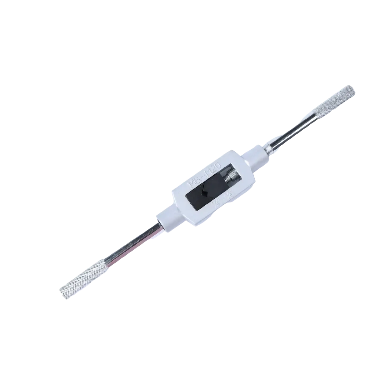Silver tap wrench with textured grip and blackened threaded section for m6-m20 taps in a tap and die set thread cutting tool kit