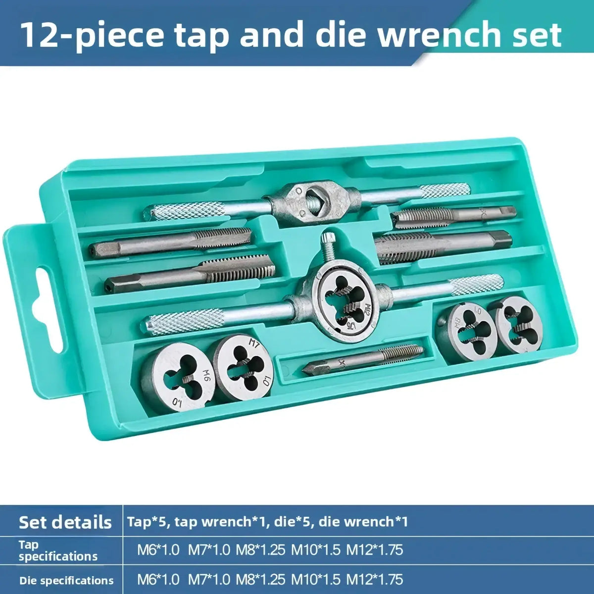 Teal plastic case holding a 12-piece metallic tap and die set with engraved specs and knurled handles for thread cutting