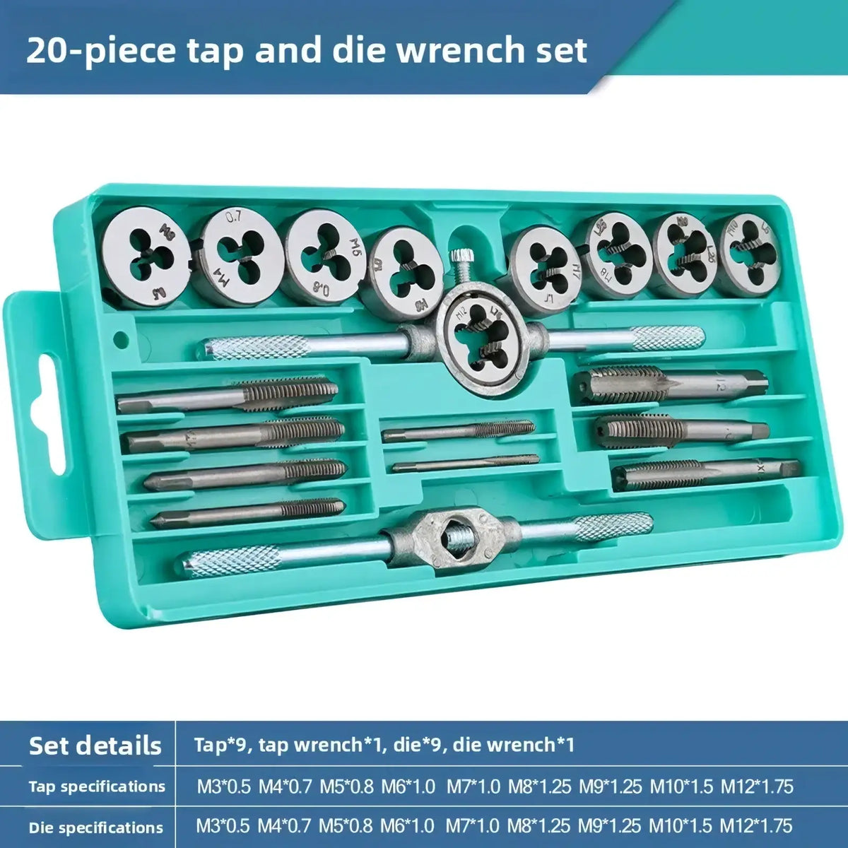 Teal plastic case holding 20-piece silver metal tap and die set thread cutting tool kit for precise threading tasks