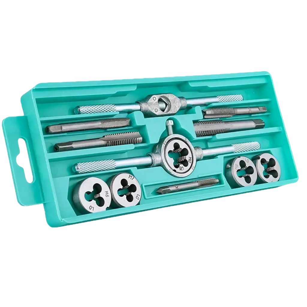Teal plastic case holding a metal tap and die set thread cutting tool kit with textured handles and various sizes