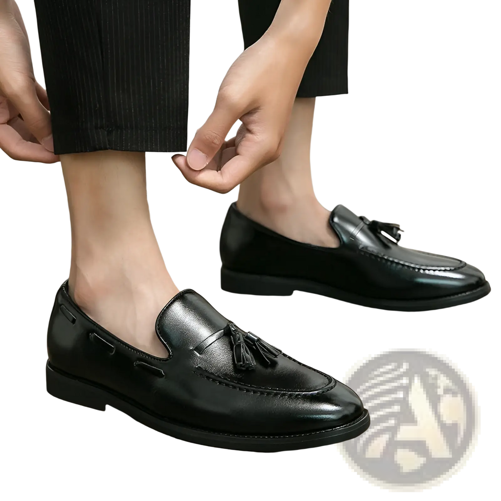 Black leather tassel loafers with polished finish classic design slip on shoes for formal and casual wear