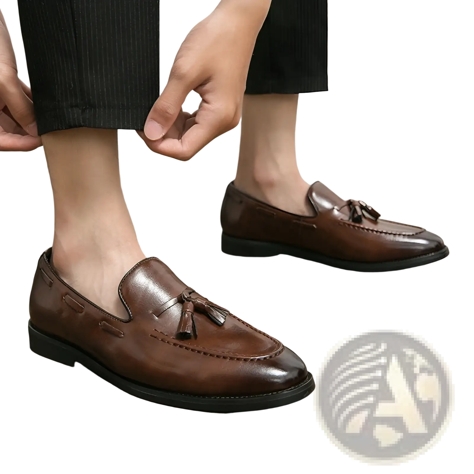 Brown polished leather tassel loafers with black rubber soles slip on shoes for formal and casual wear