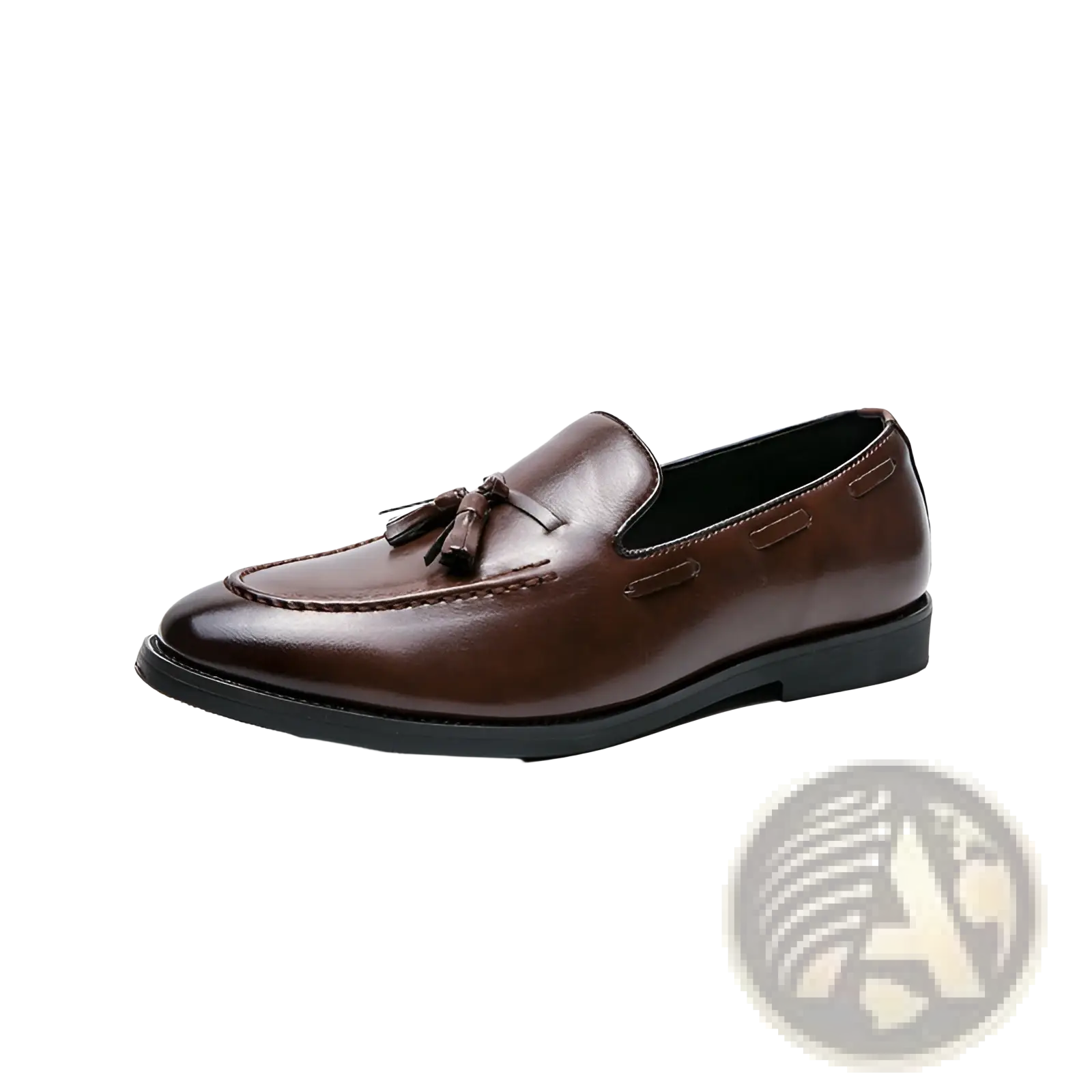 Brown leather tassel loafers with polished finish and black rubber sole slip on shoes for formal wear