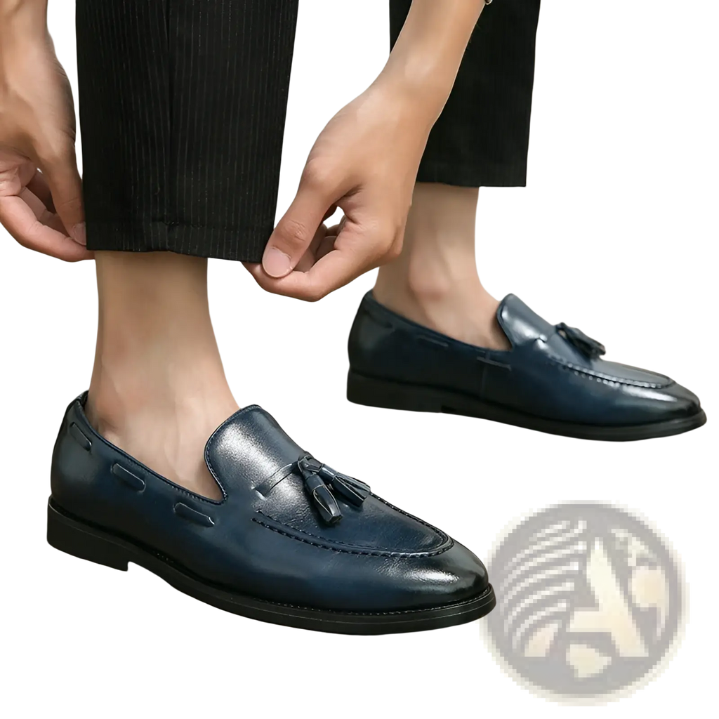 Dark blue leather tassel loafers with polished finish classic design slip-on shoes for formal and casual wear