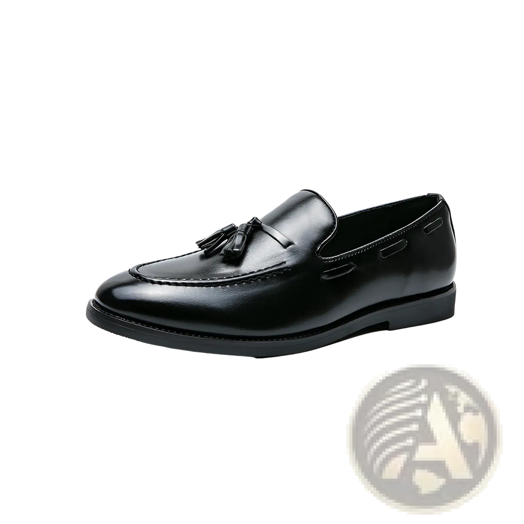 Black leather tassel loafers with polished finish and classic slip-on design for formal and casual wear