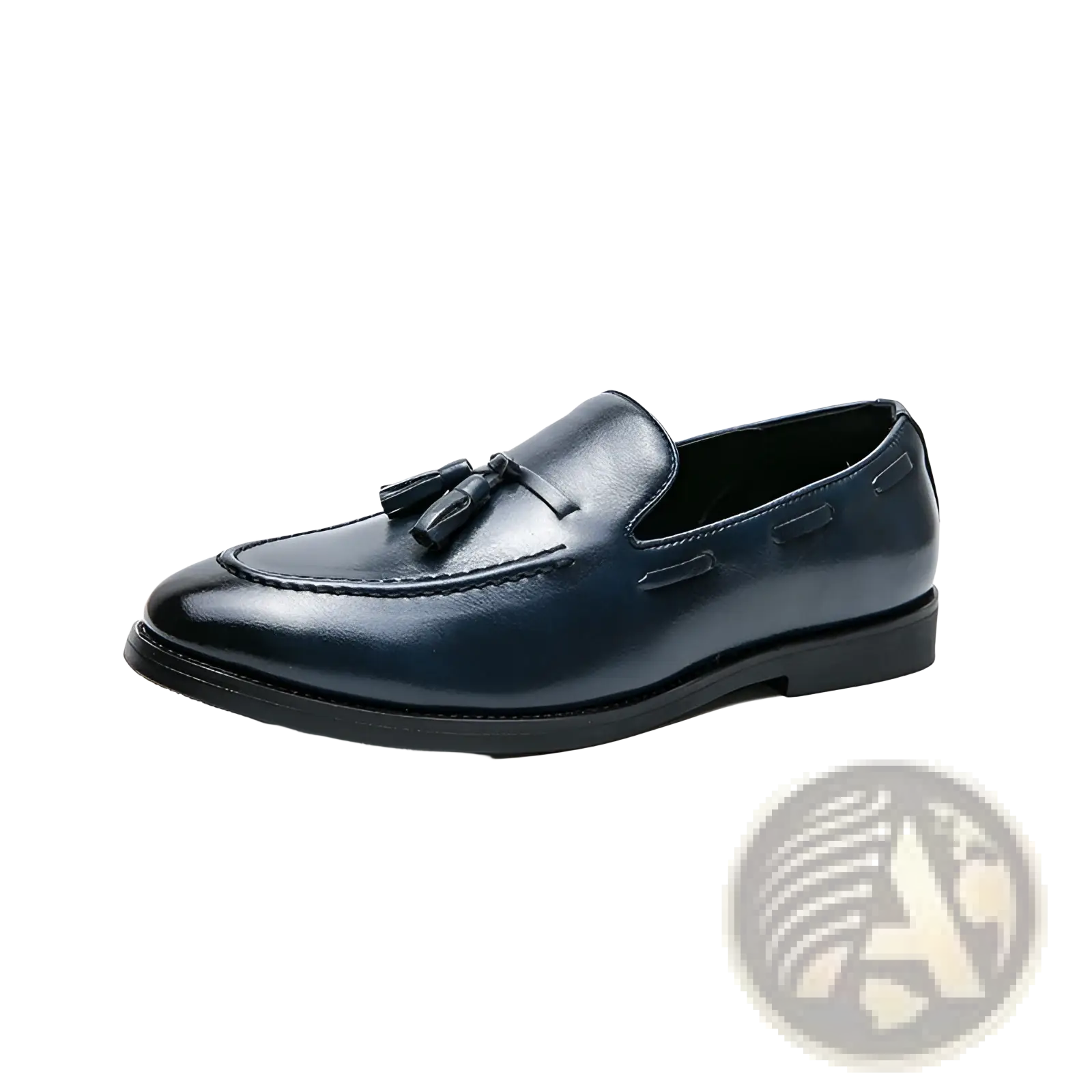 Dark blue polished leather tassel loafers with a classic slip-on design for formal and casual wear