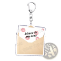 Silver-framed acrylic keychain shaped like an open envelope with beige interior and pink lipstick kiss marks featuring kisses to my exes text