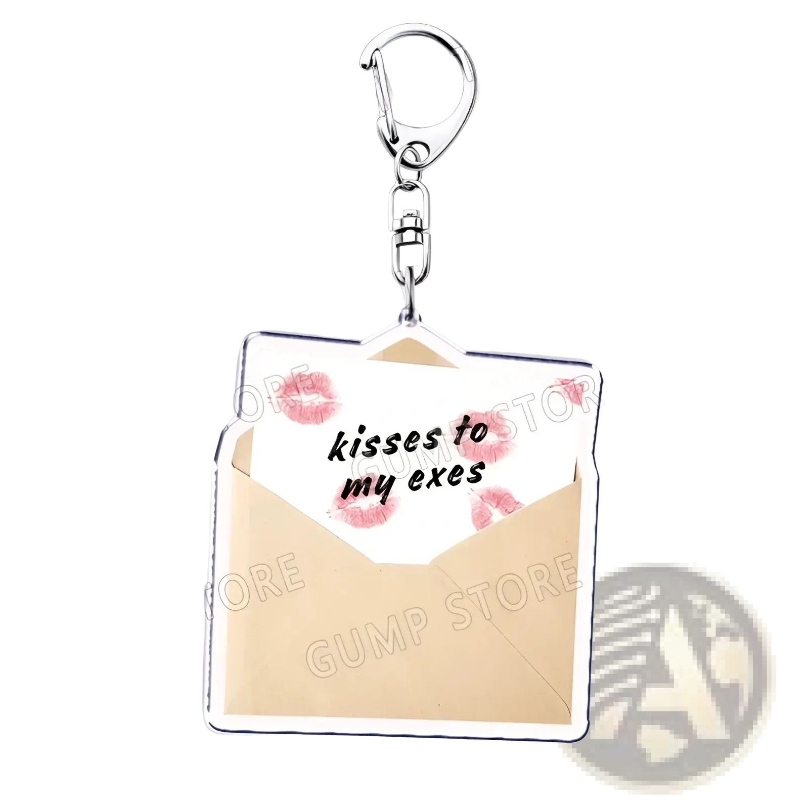 Silver-framed acrylic keychain shaped like an open envelope with beige interior and pink lipstick kiss marks featuring kisses to my exes text