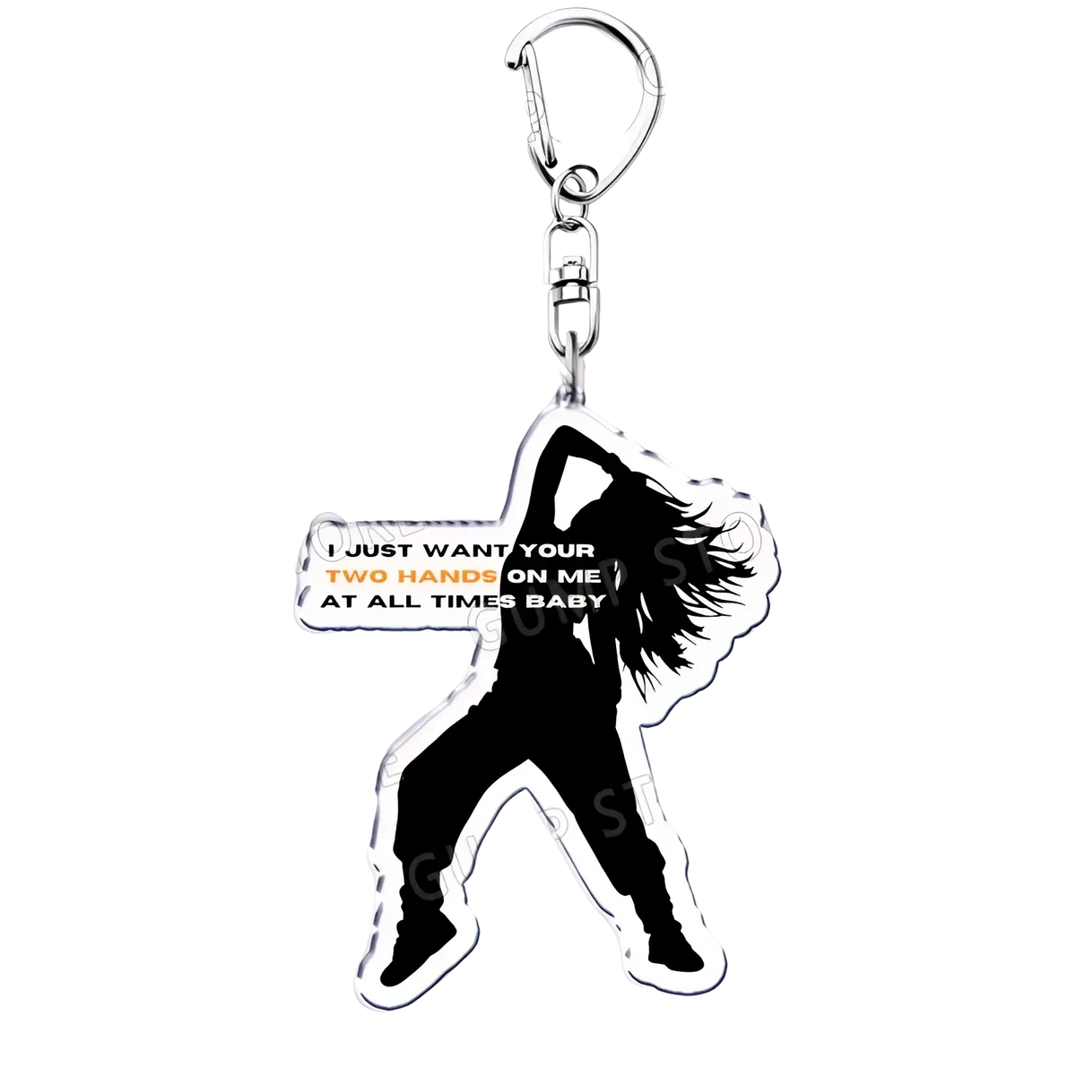Black silhouette acrylic keychain featuring a dancing figure with white outline and text in black and orange for tate mcrae fans