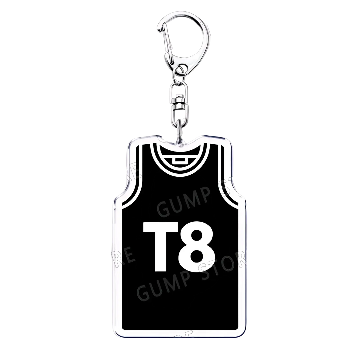 Black and white basketball jersey-themed acrylic Tate Mcrae keychain with silver-toned metal clasp music fan gift