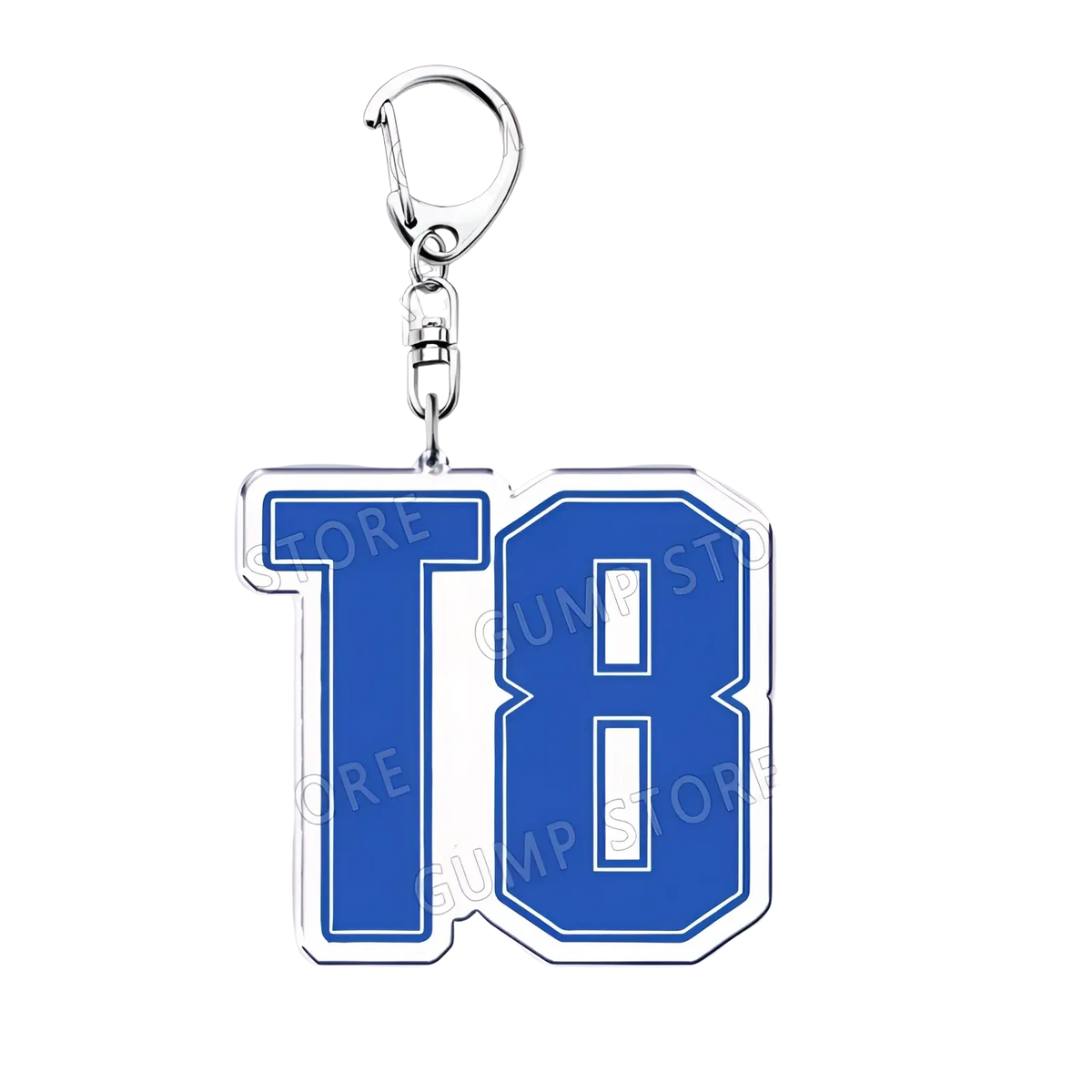Blue and white 18 inch acrylic Tate Mcrae keychain with silver metal clasp music fan gift accessory