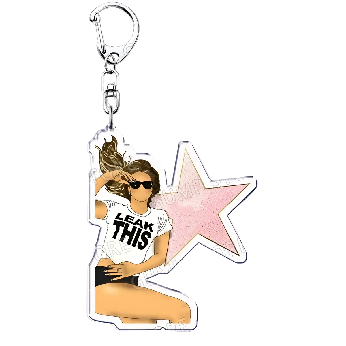 Clear acrylic Tate Mcrae keychain featuring cartoon woman in sunglasses and white t-shirt with leak this text on pink star background