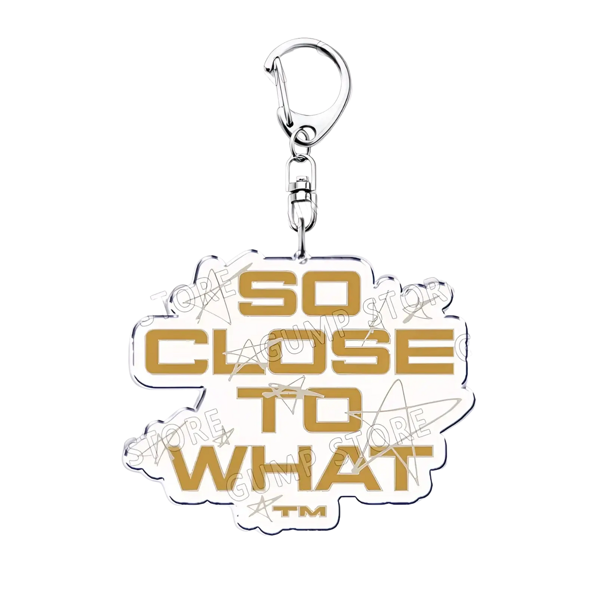 Gold-colored acrylic tate mcrae keychain with silver clasp and bold so close to what lettering music fan gift