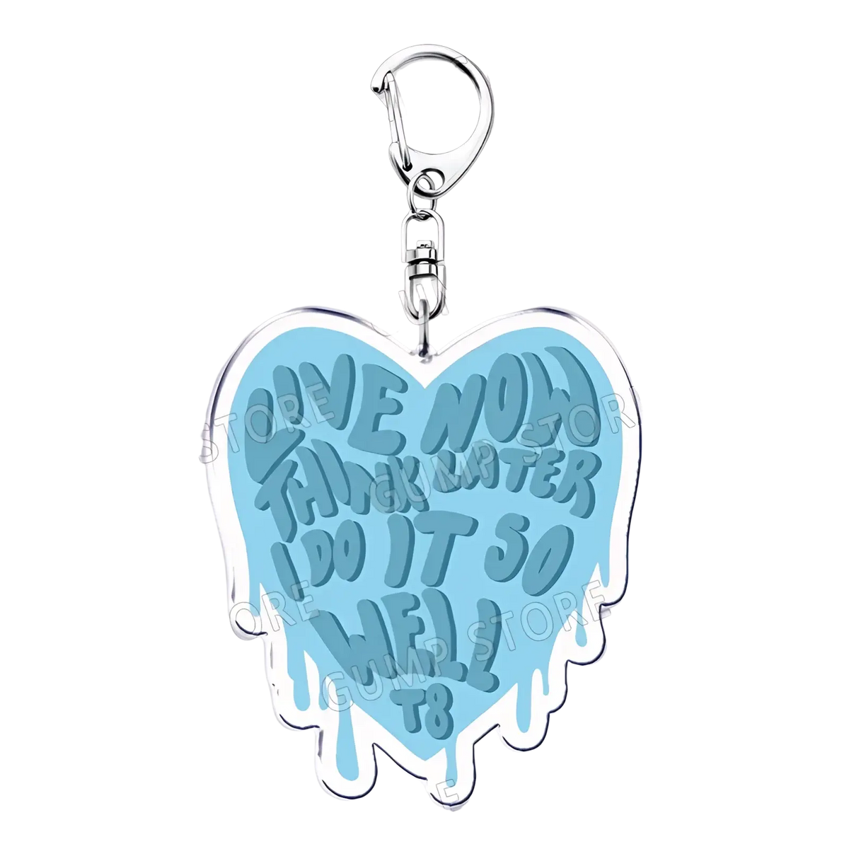 A light blue heart-shaped acrylic keychain with silver clasp featuring bold dripping lettering for tate mcrae fans