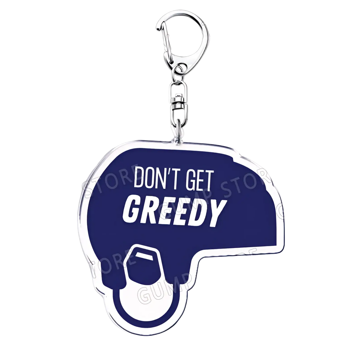 A navy blue and white acrylic Tate Mcrae keychain shaped like a helmet with dont get greedy text for music fans