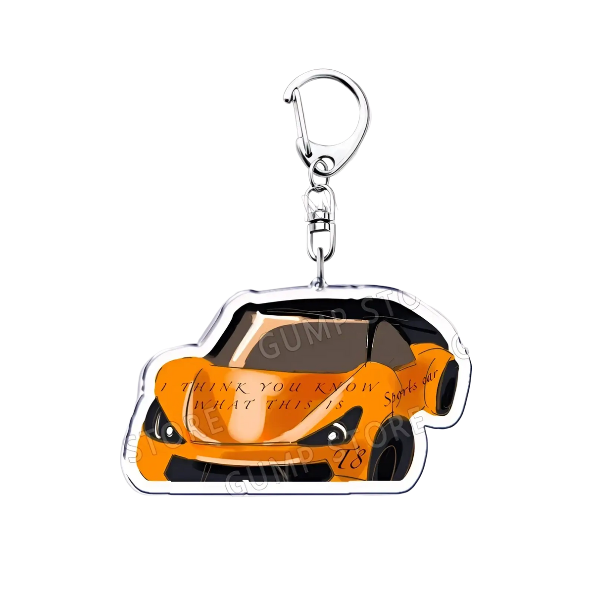 Orange and black sports car-shaped acrylic Tate Mcrae keychain with silver metal clasp for music fan gift