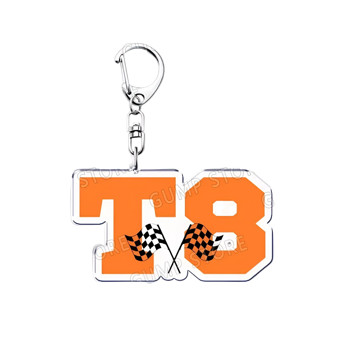 Orange and white acrylic Tate Mcrae keychain featuring the number 18 with crossed black and white checkered flags