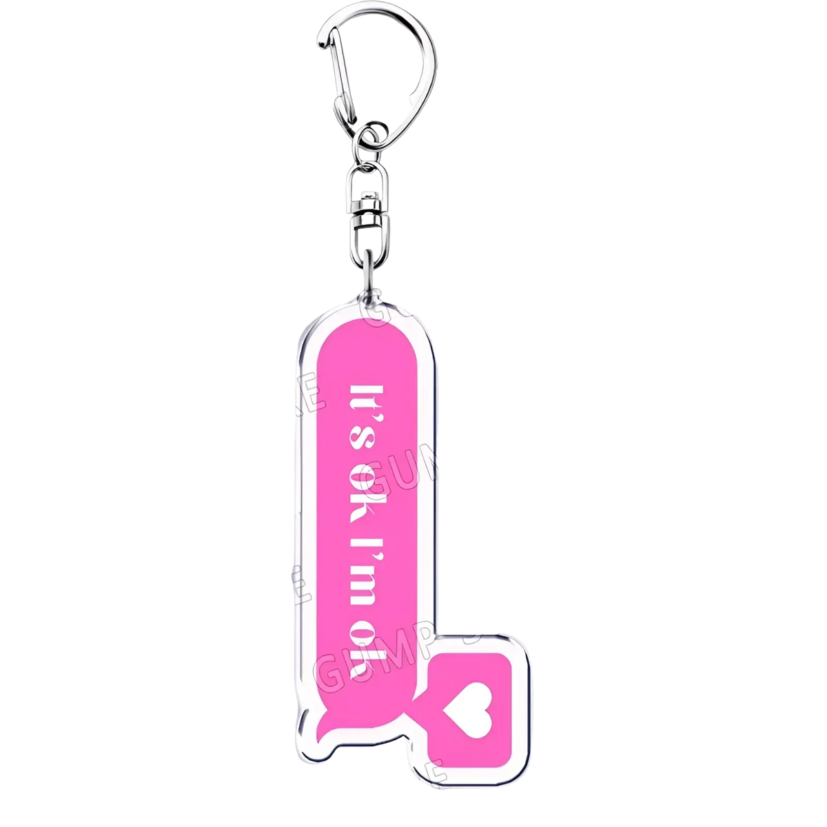 Pink acrylic Tate Mcrae keychain shaped like speech bubble with its ok im ok text and heart symbol with silver clasp