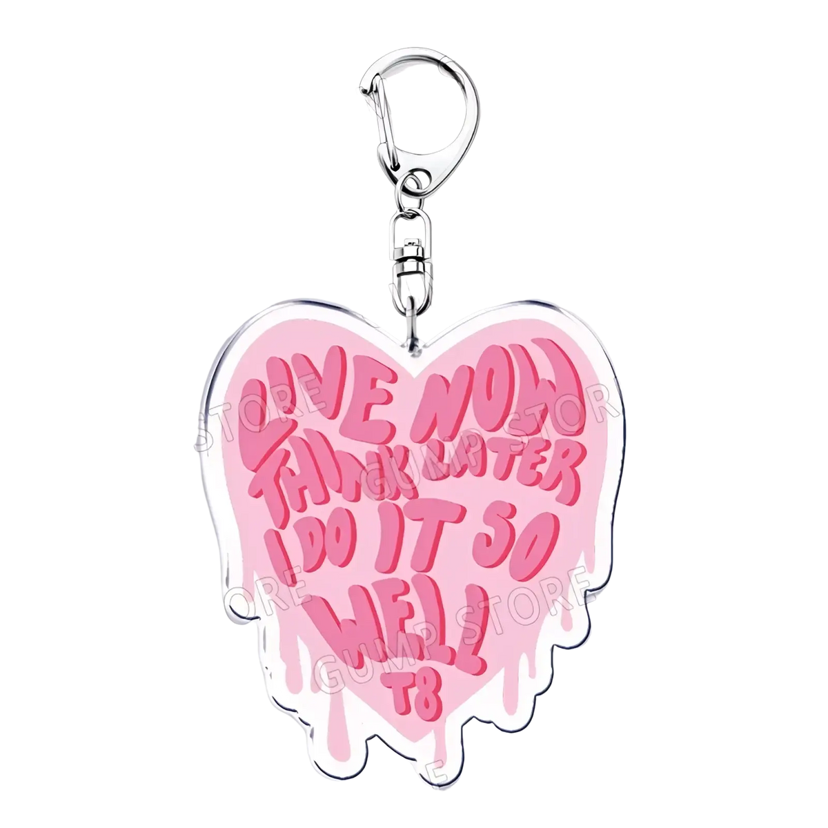 Pink heart-shaped acrylic keychain with silver clasp and live now think later i do it so well text for Tate Mcrae music fans