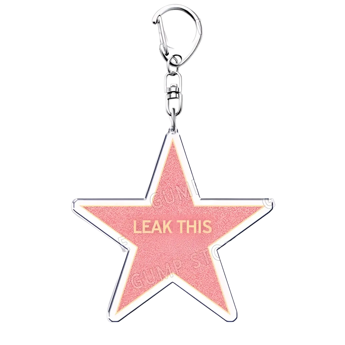 Pink star-shaped acrylic keychain with silver metallic outline and clip featuring leak this gold lettering for music fans