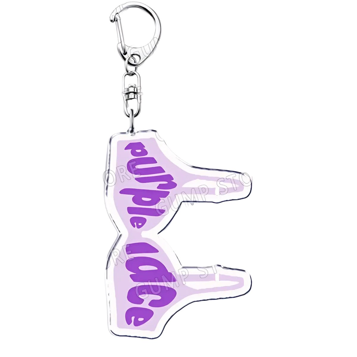 Purple acrylic Tate Mcrae music fan keychain shaped like a thumbs-up with purple ice printed in purple script