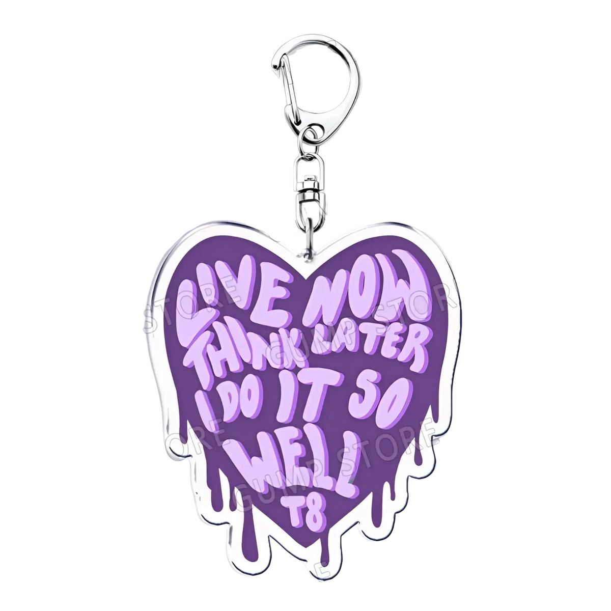 Purple heart-shaped acrylic tate mcrae keychain with silver clasp and live now think later dripping paint lettering