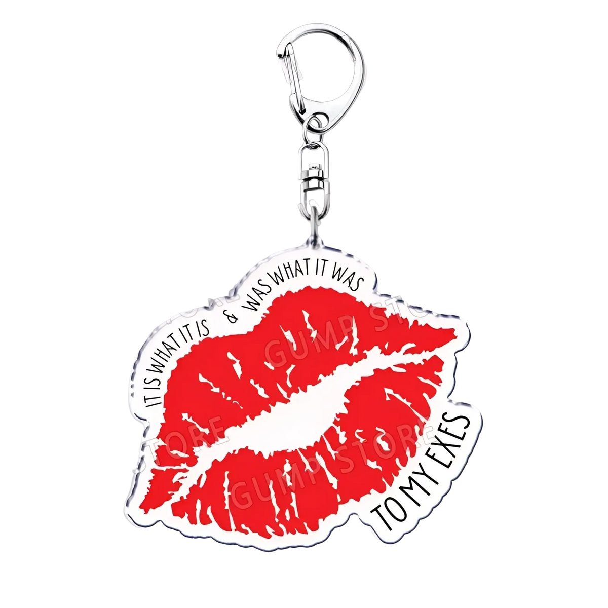 Red lipstick kiss mark acrylic keychain with white text for tate mcrae music fans gift to exes
