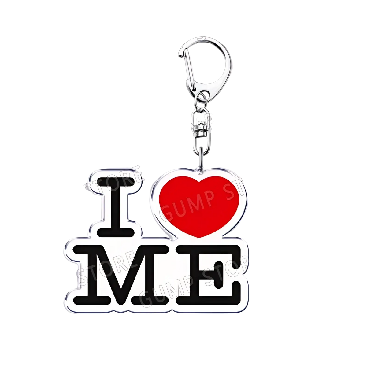 Silver Tate Mcrae acrylic keychain with i heart me design in bold black letters and vibrant red heart on glossy charm