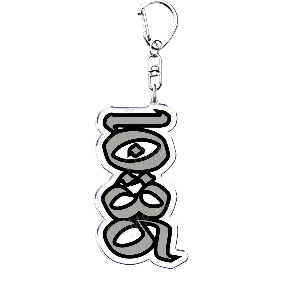 Silver acrylic keychain featuring a stylized eye-shaped character design with black outlines gray fill for music fans