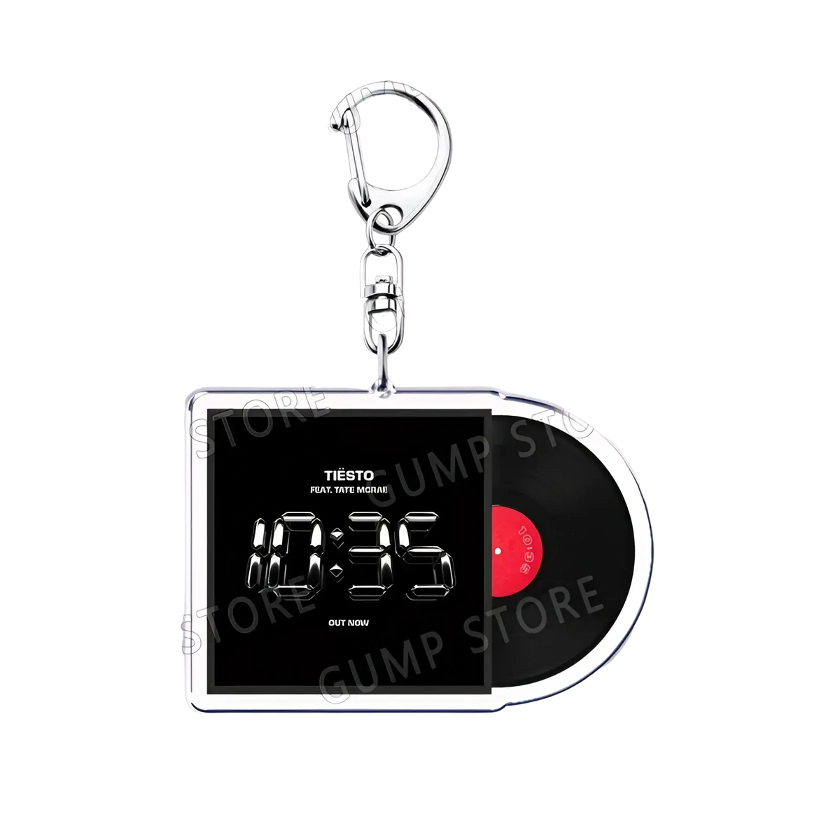Silver acrylic keychain with square design featuring black vinyl record graphic and red center label for music fans