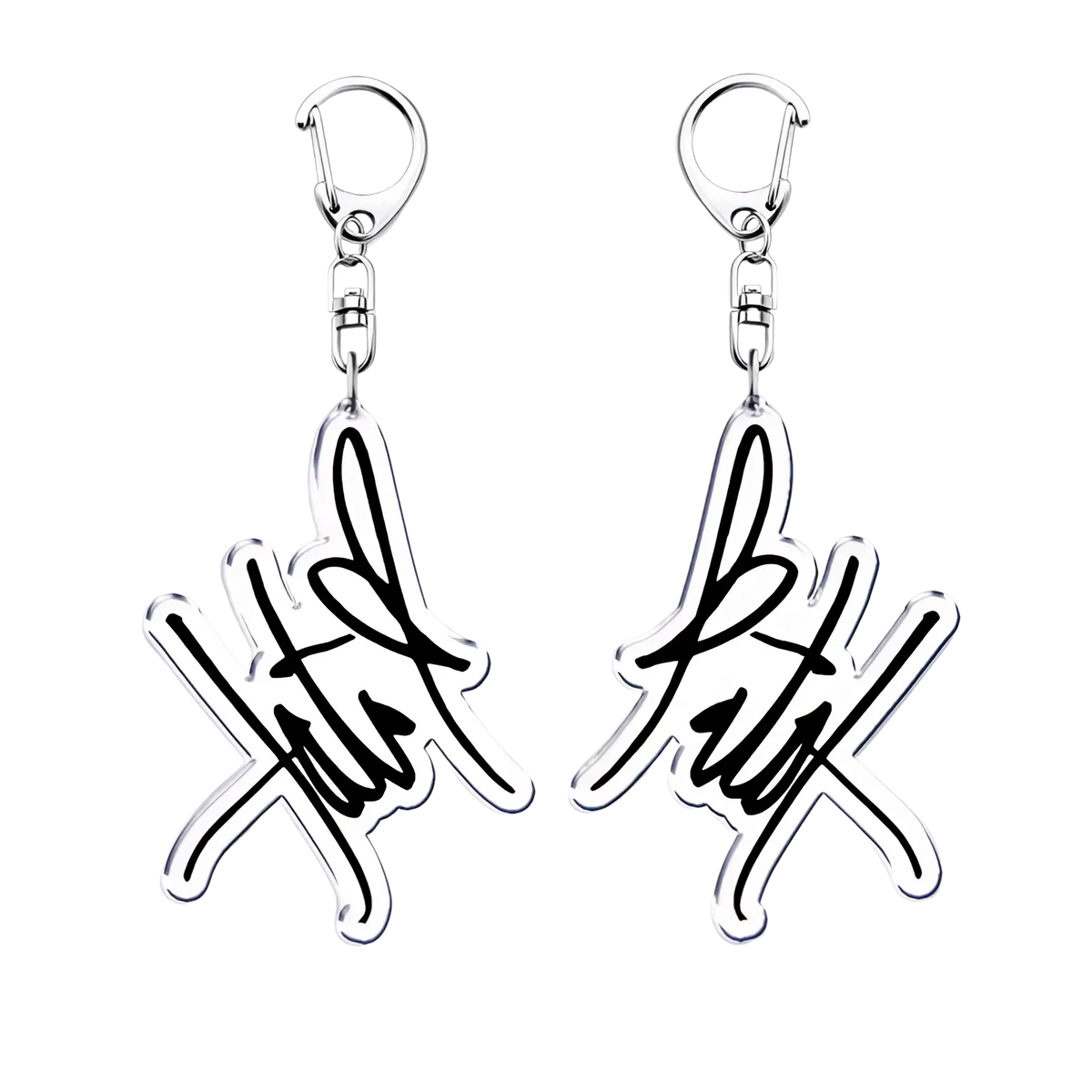 Silver acrylic Tate Mcrae keychain with stylized signature design and black ink detailing for music fan gift