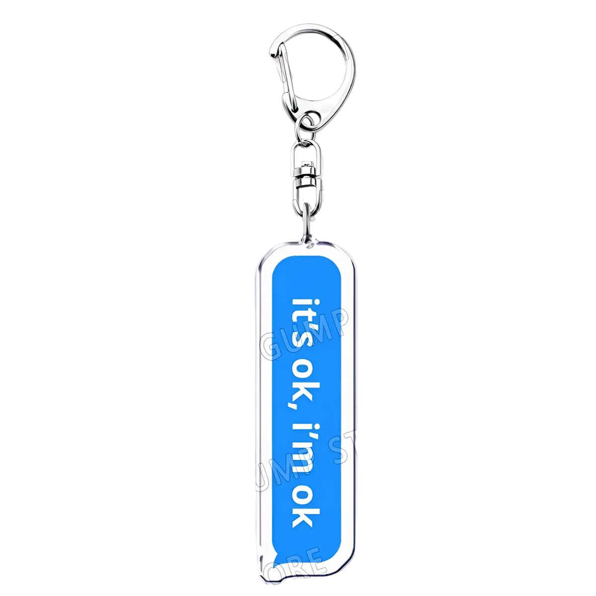 Silver-accented acrylic keychain with a blue tag reading its ok im ok tattoo mcrae music fan gift