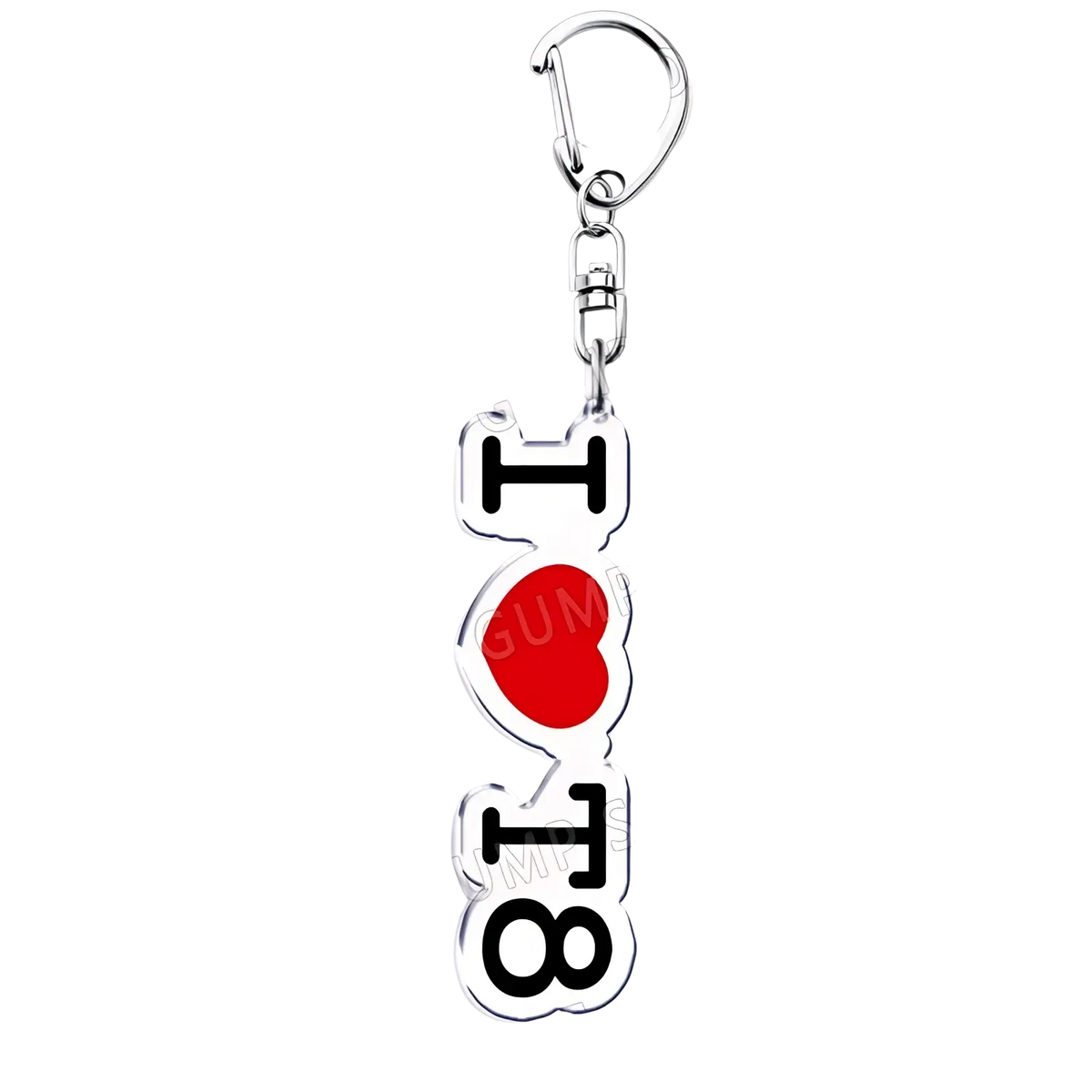Silver metal Tate Mcrae acrylic keychain with i heart 8 phrase in black on white cutouts and red heart symbol