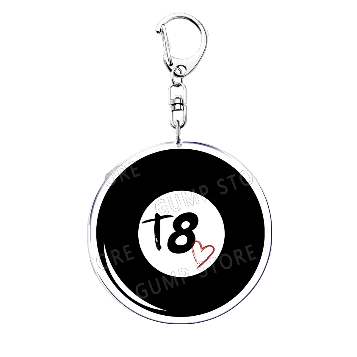 Silver-framed circular acrylic keychain with black billiard ball t8 design and red heart accent for Tate Mcrae music fans