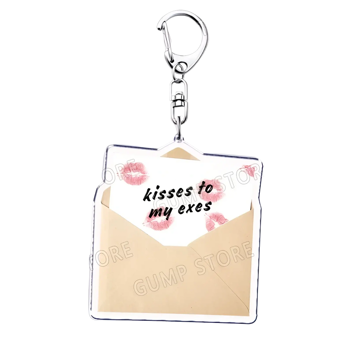 Silver-framed acrylic keychain shaped like an open envelope with beige interior and pink lipstick kiss marks featuring kisses to my exes text