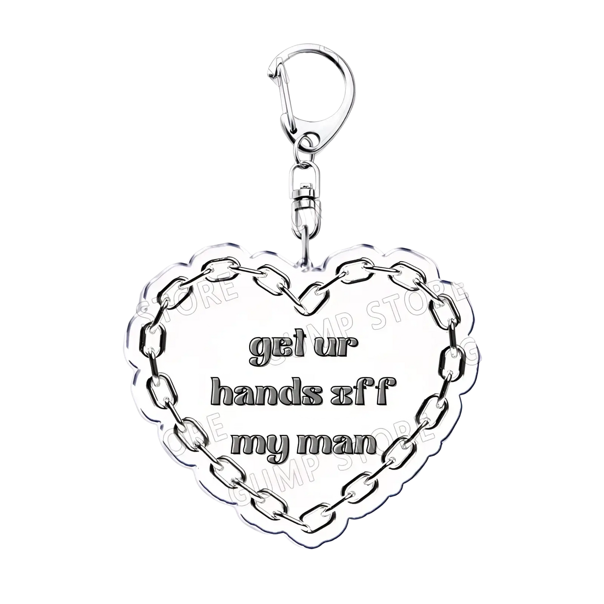 Silver acrylic heart-shaped Tate Mcrae keychain with chain border and get ur hands off my man engraving