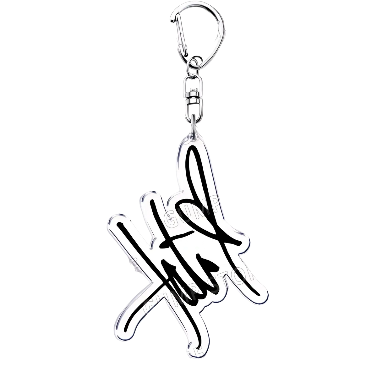 Silver acrylic keychain featuring Tate Mcrae stylized signature design with black ink detailing for music fans