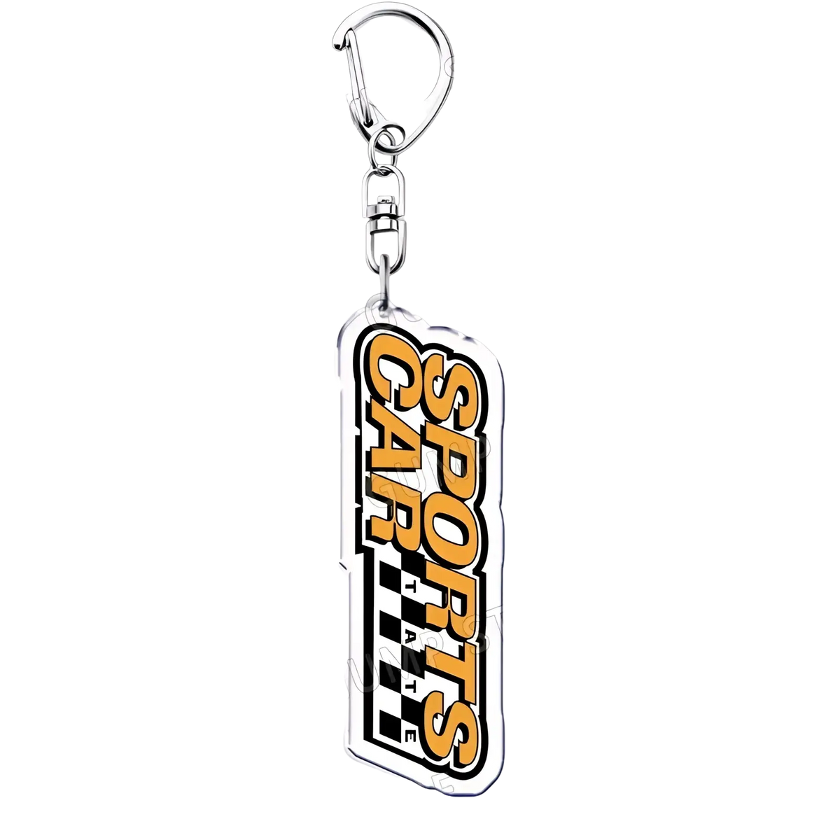 A sleek transparent acrylic Tate Mcrae keychain with bold orange and black sports cars lettering and checkered flag design