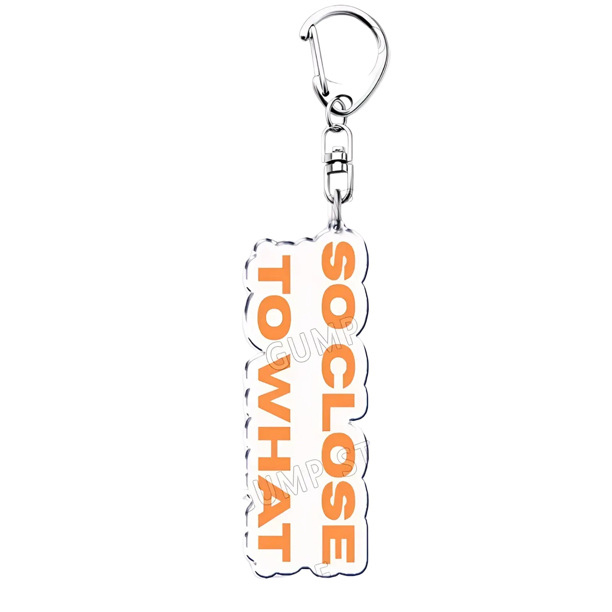 A translucent white acrylic tate mcrae keychain with bold orange lettering and a silver metal clasp for music fans