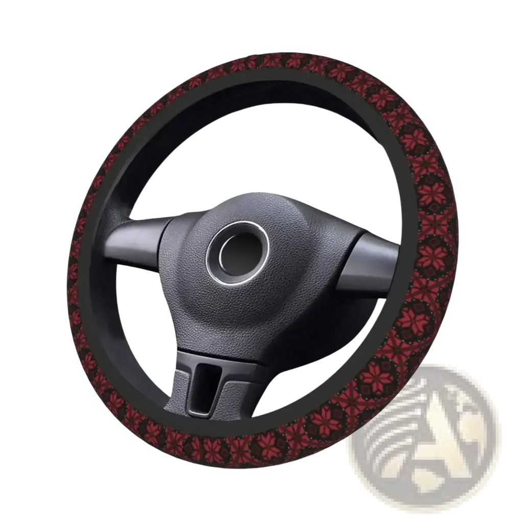Tatreez car steering wheel cover with red Palestinian floral pattern and black base for auto accessory use